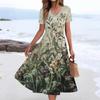 Women's Summer Casual Fashion Print Pocket Short Sleeve V-Neck Swing Dress
