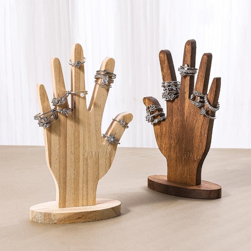 2 Piezas Escultura de Madera Maciza con Forma de Mano para Anillos Elegante Soporte de Exhibición de Joyería y Accesorios para Escaparate de Boutique