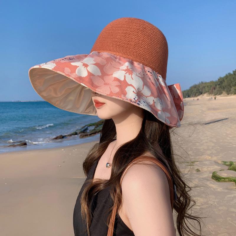 Hat Women's Colored Glue Sun Protection Sun Hat Temperament Bow Lace Yarn Bucket Hat Mesh Breathable Sun Hat