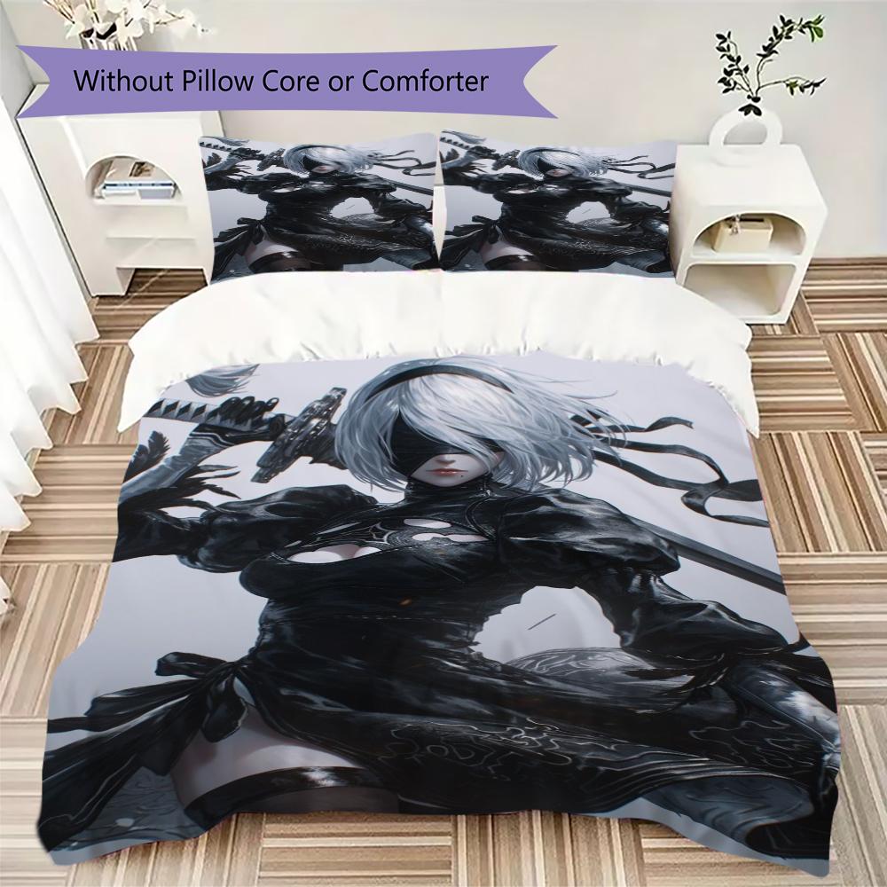 NieR Automata Pattern Bedding Uilt Set Uilt Cover Pillowcase Home Decoration Birthday Gift (1 * Duvet Cover + 2 * Pillowcase Without Core)