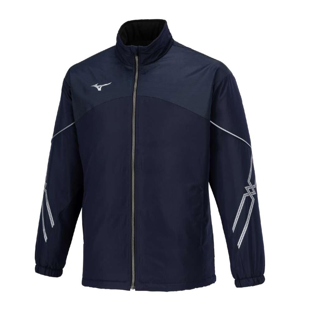 Mizuno Breath Thermo Training Warmer Jacket with and Windproof Deep Navy and Silver MC-LINE Wear, Moisture-Wicking, Heat-Generating, Water-Repellent,