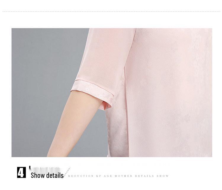 Spring & Summer Chinese Style Embroidered Chiffon Blouse for 50-Year-Old Women with Seven-Point Sleeves