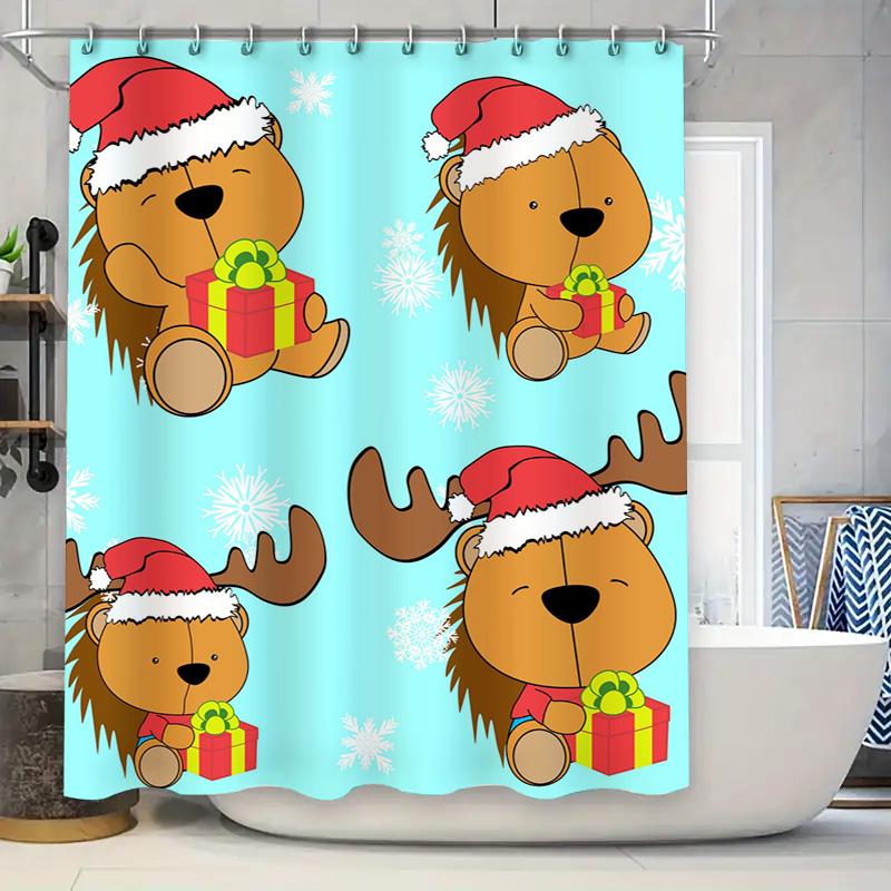 Tu Lion Christmas Shower Curtain Cute Holiday Forest Animals Festive Holiday Decor Bathroom Set Waterproof Home Decor Gift
