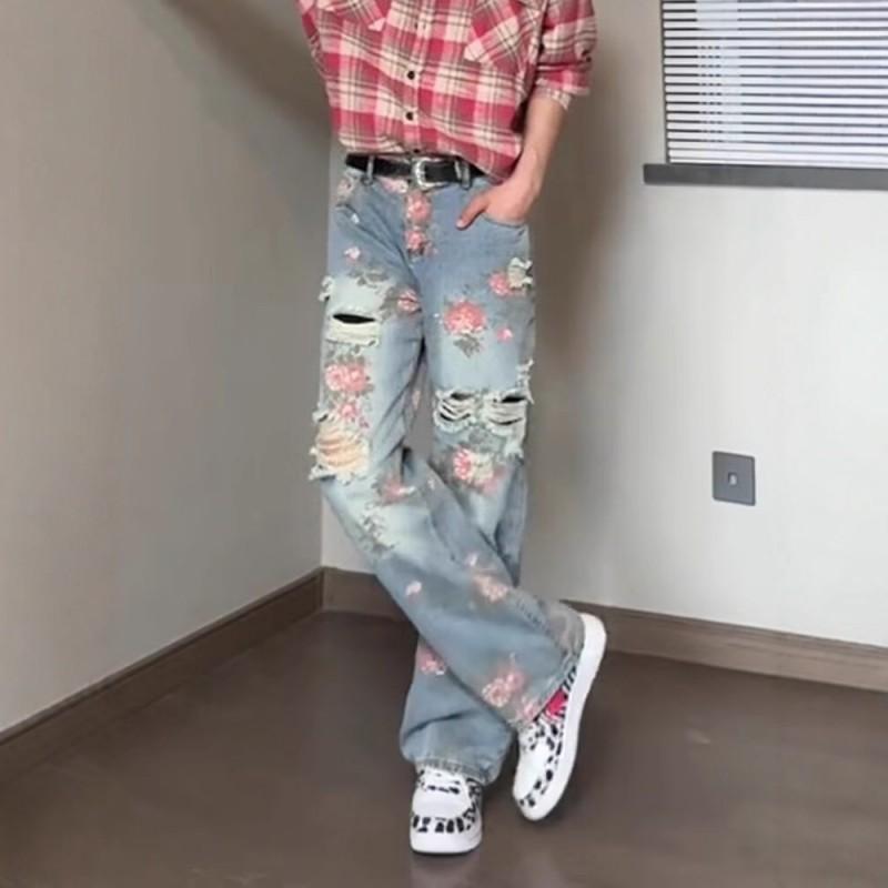 Mens High-Waisted Straight Cut Denim Jeans With Floral Print Distressed Details Casual Wear
