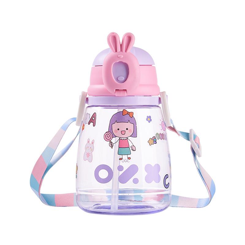 Cute Water Cup with Straw, Large-capacity Portable Outdoor Plastic Cup, Student Space Cup, Cartoon Pattern Slanted Cross Cup