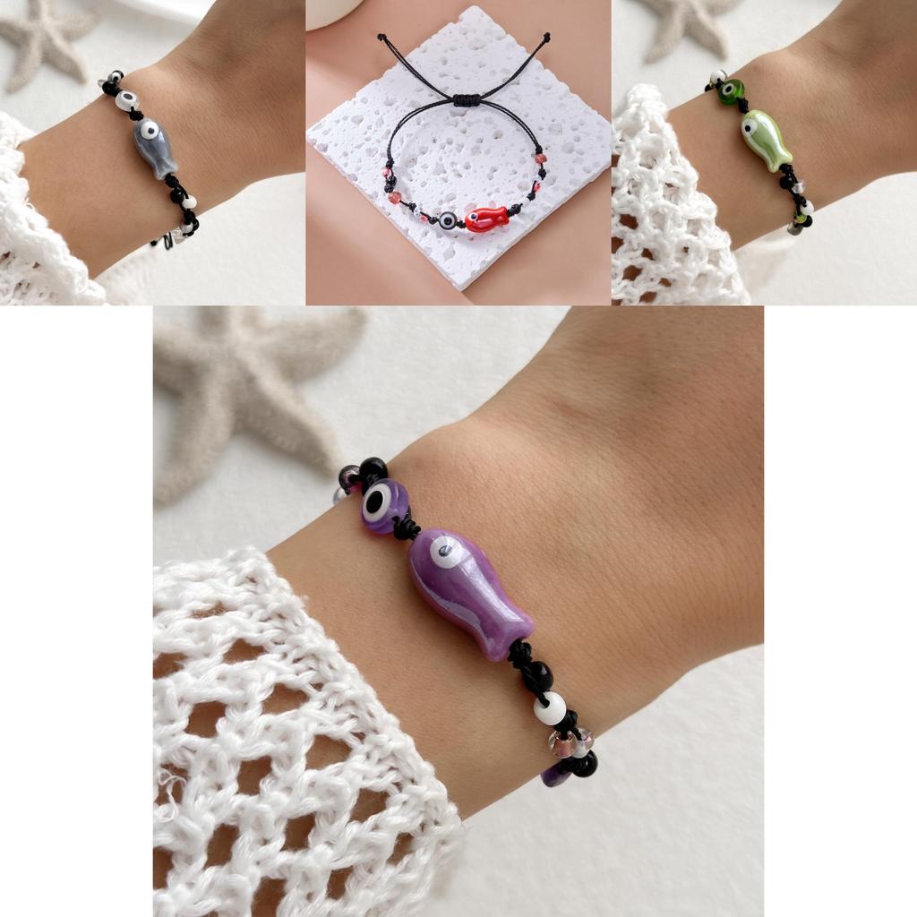 Handcrafted Ceramic Fish Bracelet With Colorful Eyes For Fashion Jewelry