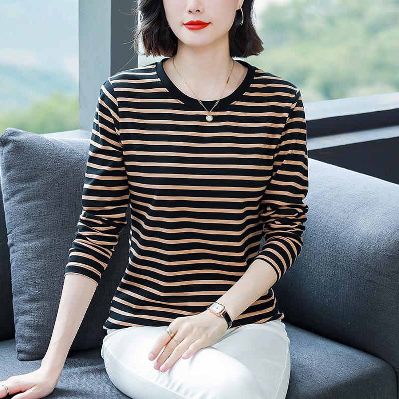 

Plus Size Slimming Striped Cotton Long-Sleeve T-Shirt for Women 5XL for 181-200 lbs