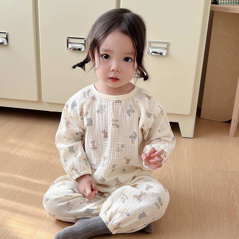 2026 New Girls Cotton Pajama Set – Long Sleeve, Long Pants, Air Conditioning Wear for Spring & Autumn 90 cm