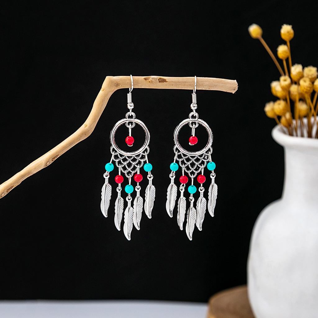 Ethnic Style Miao Silver Fringed Earrings, Bohemian Turquoise Fringed Earrings, Minority Tourist Attractions Earrings