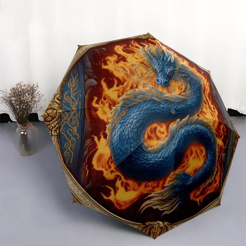 Dragon Pattern, Automatic Folding Umbrella, Portable and Foldable Design, 8 Ribs, a Christmas or Birthday Gift.