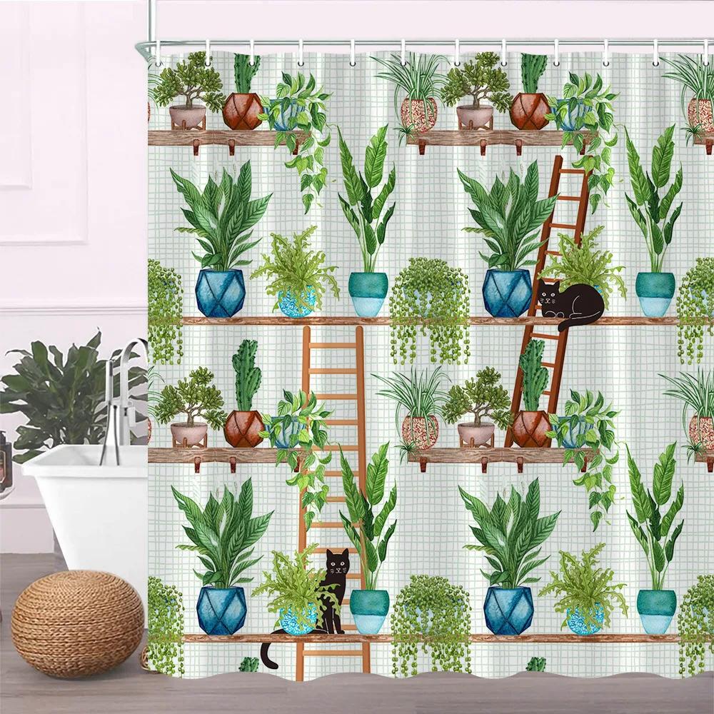 

Cactus Plant Shower Curtain Tropical Green Succulent Flower Potted Summer Garden Botanical Landscape Bathroom Decoration Set W60H190(CM)-1 Pcs