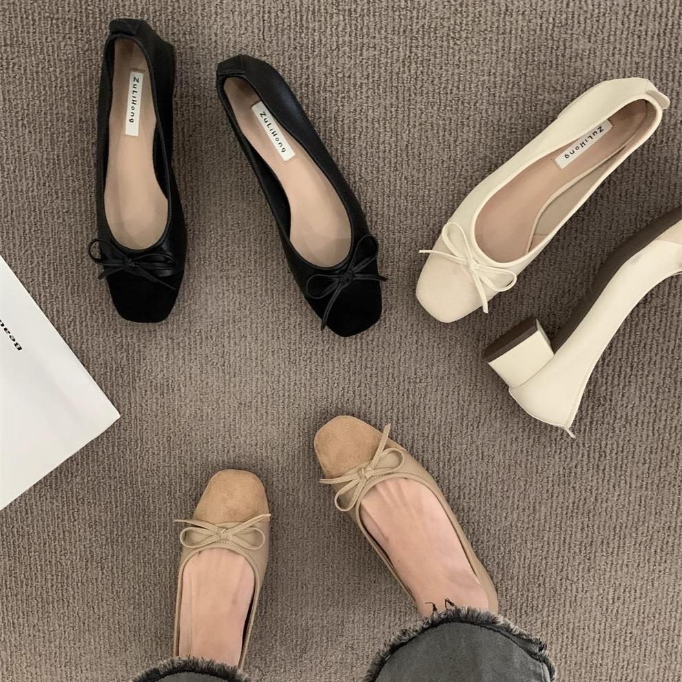Evening gentle bow single shoes commuter black flats autumn and autumn French women's shoes with skirt high heels