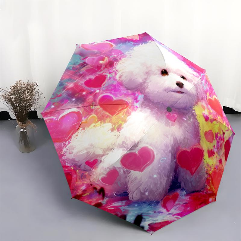 Pink Bichon pattern, automatic folding umbrella, portable and foldable design, 8 ribs, a Christmas or birthday gift.