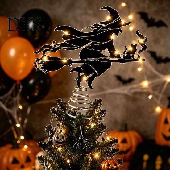 Witch Tree Decoration Halloween Topper, with LED Lights, Black Iron Indoor Decorations Art Silhouette Ornament, for Christmas And Holiday Party