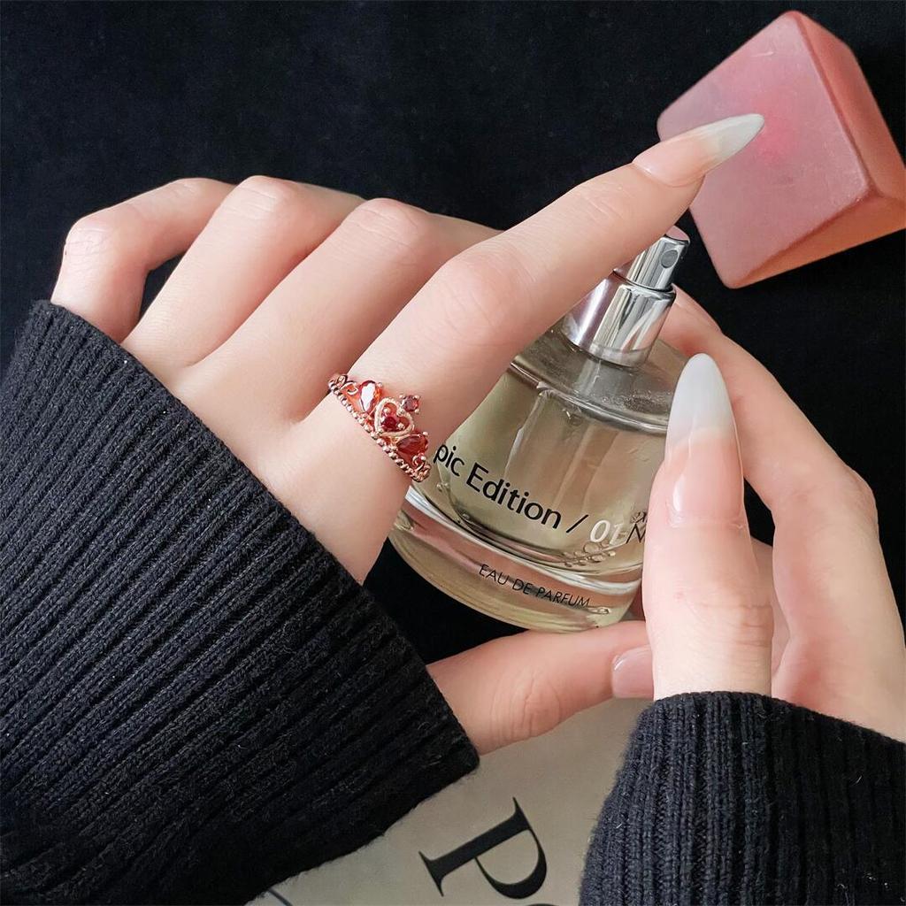 Vintage Rose Gold Open Crown Flower Ring Princess Style Niche Design High Personality Red Colored Treasure Ring