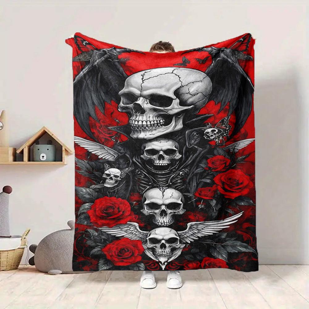 1pc Skull Roses Blanket, Lightweight Flannel Throw For Sofa, Bed, Travel, Camping, Livingroom, Office, Couch, Chair, And Bed,