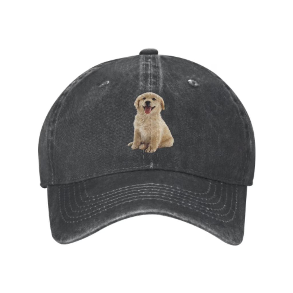 Cute Golden Retriever Puppy Graphic Washed Denim Baseball Cap Adjustable Casual Outdoor Hat