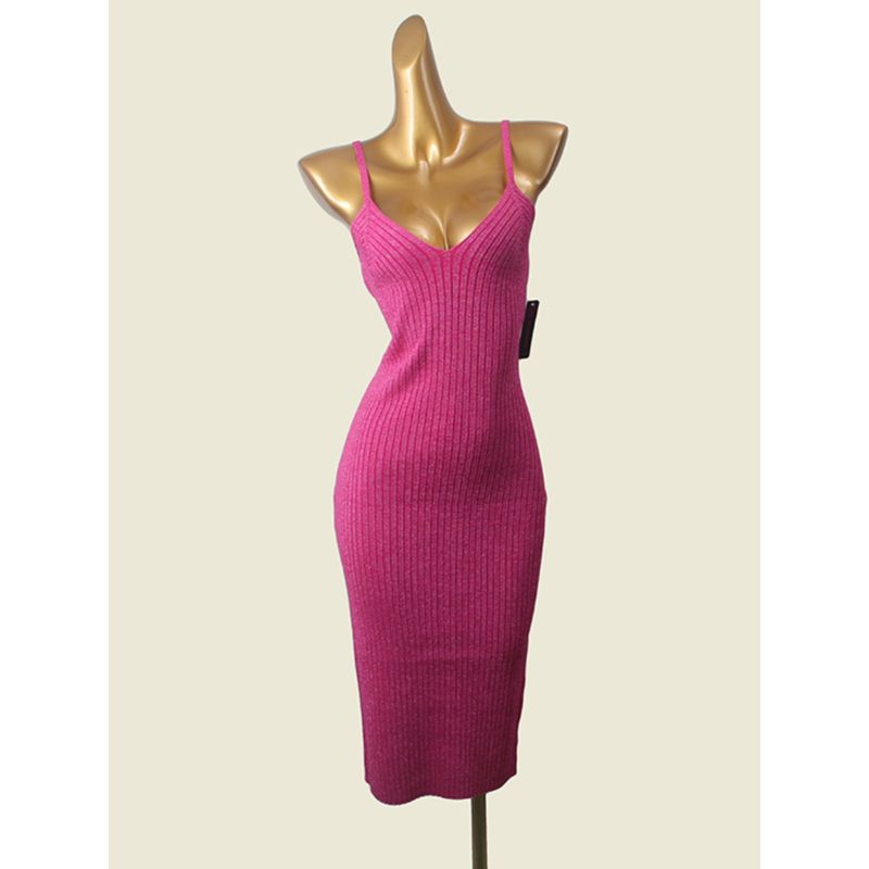 Fashion Style Export Women's New French V-neck Brace Rib Dress Gold and Silver Silk Open Back Sheath Skirt