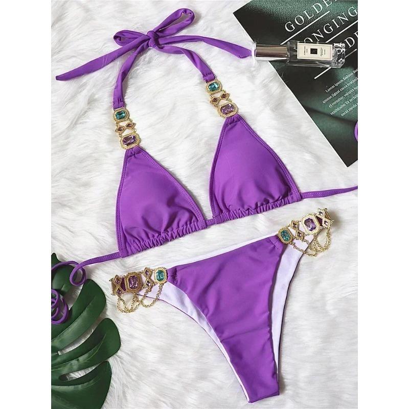 

2025 Блискуче стразове діамантове бікіні Жіночий купальник Жіночий купальний костюм Комплект бікіні з двох частин Халтер Металеві ланцюжки Купальний костюм M