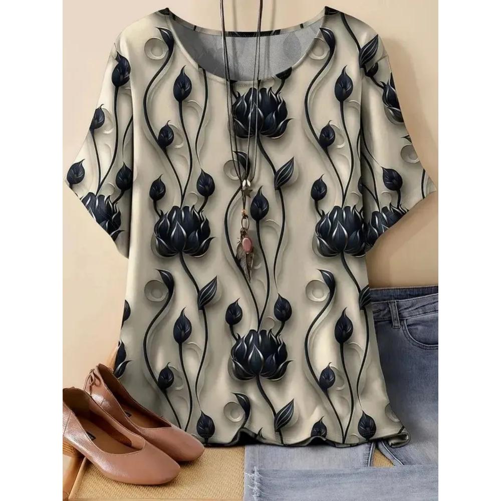 Fashion Women's Flower Printed T-Shirt Casual Simple Short Sleeve Daily Comfort T-Shirts Women’s