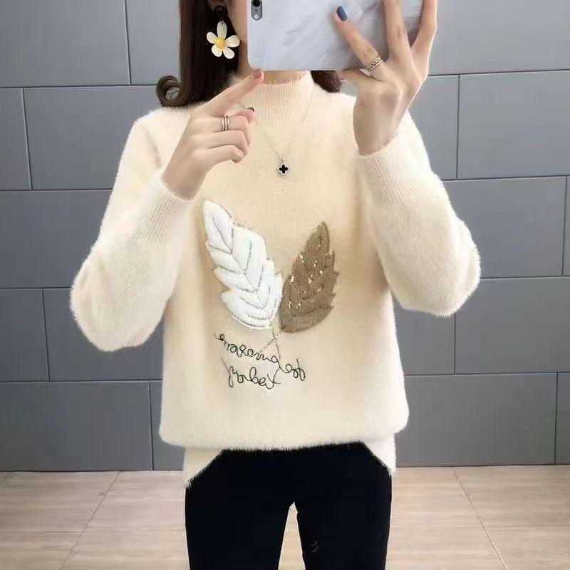 Women's Faux Mink Velvet Sweater: Versatile Autumn/Winter Half-High Neck Knit Pullover