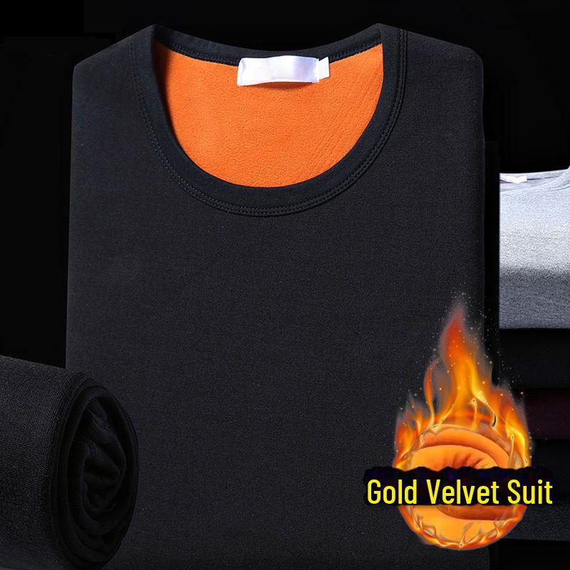 Unisex Golden Velvet Thermal Underwear Set for Autumn/Winter - Cozy Long-Sleeve Top and Pants.