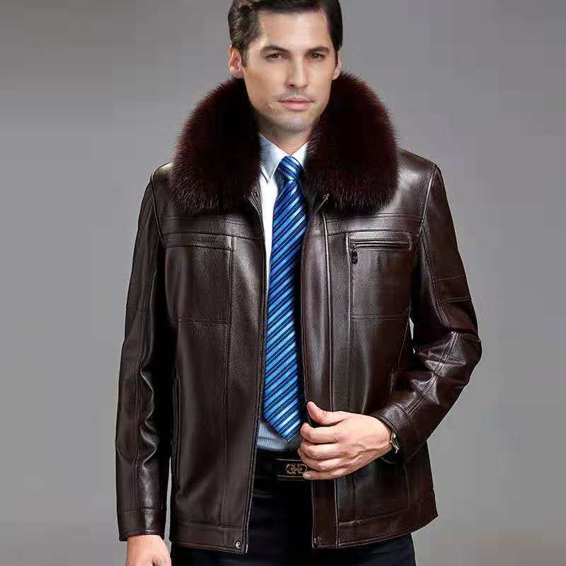 New thickened fur collar leather jacket velvet middle-aged and elderly with autumn and winter coat dad leather brand leather jacket men
