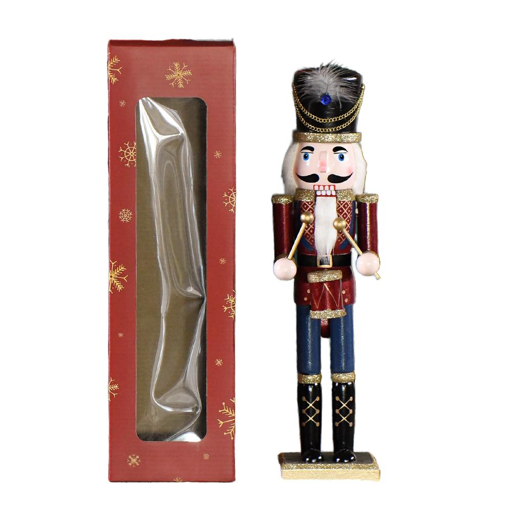 15 Inch Hand-painted Wooden Nutcracker Drummer with White Feather Hat Red Window Gift Box Wooden Nutcracker