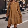 Womens A-Line Faux Suede Mini Dress Crew Neck Tiered Casual Long Sleeve Dress Fall Swing Loose Outfit