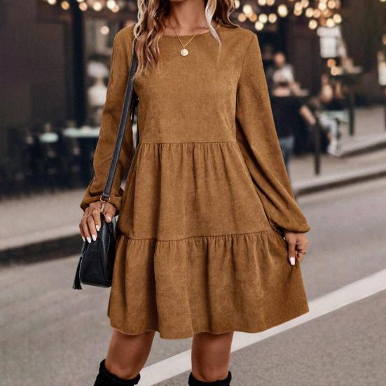 Womens A-Line Faux Suede Mini Dress Crew Neck Tiered Casual Long Sleeve Dress Fall Swing Loose Outfit
