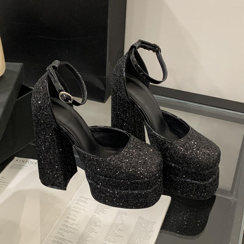 Fashion Bling Bling Fashion Sequined Double Platform Wedges Women Gladiator Sandals Summer Sexy 15cm Ultra High Heels Party Prom Shoes