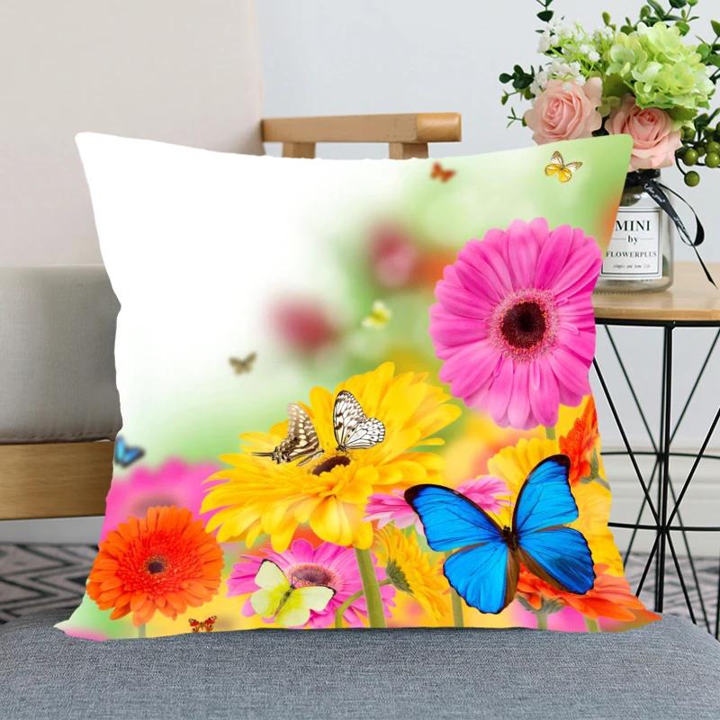 Neuankunft Gerbera Blumenkissenbezug Schlafzimmer Home Office Dekorative Kissenhülle Quadratisch Reißverschluss Kissenbezüge Satin Weich Kein Ausbleichen