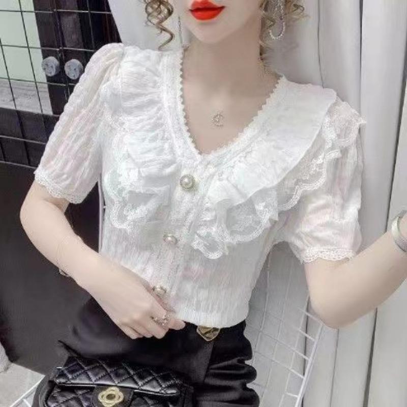 Korean Chic Ruffle Blouse Women Shirt White Chiffon Lace Blouse Sweet V-neck French Vintage Palace Style Short Sleeve Tops