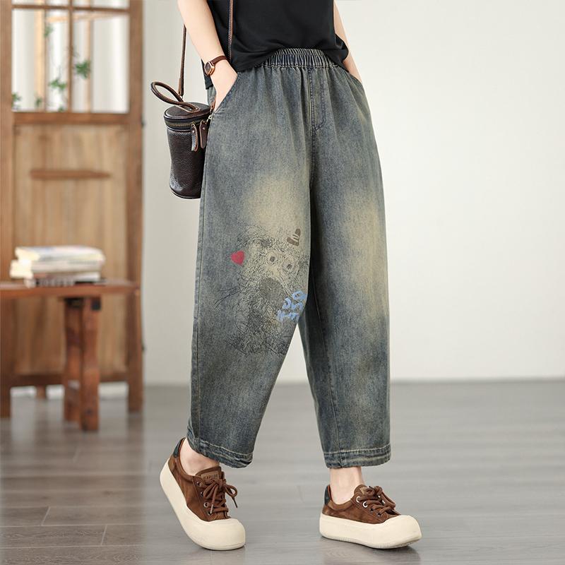 DIMANAF 2026 Été Nouveau Grande Taille Femmes Jeans Taille Élastique Imprimé Pantalon Long Lâche Décontracté Impression Denim Coton Pantalons Pantalon