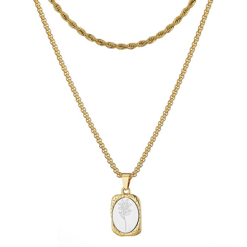 Vintage Floral Titanium Steel Necklace With Engraved French Mirror Square Pendant Layered Locket Chain Women
