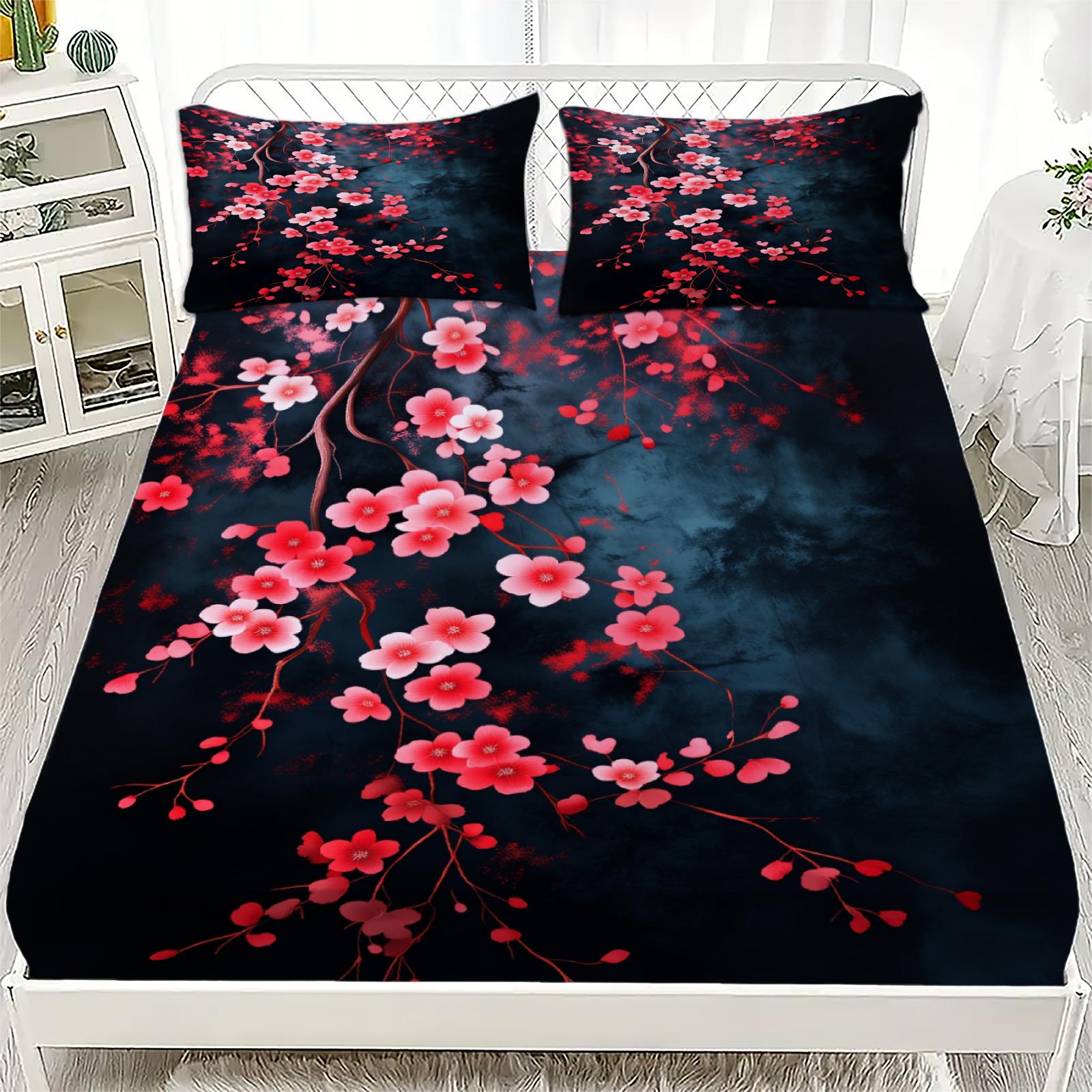 

3pcs Cherry Blossom Flat Sheet 3D Printed Floral Pattern Fitted Sheet Sets With Pillowcases No Filling Modern Chinese Ink Design 200x220x25cm