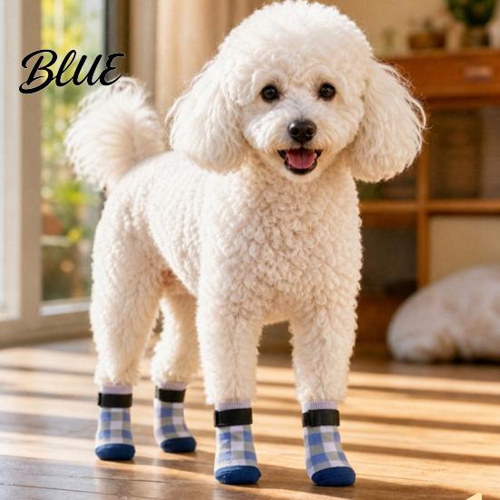 Durable Cotton Socks for Dogs 4Pcs Plaid Dog Socks Anti-Slip Pet Paw Covers with Adjustable Pattern Straps Breathable Ribbed Protectors Indoor