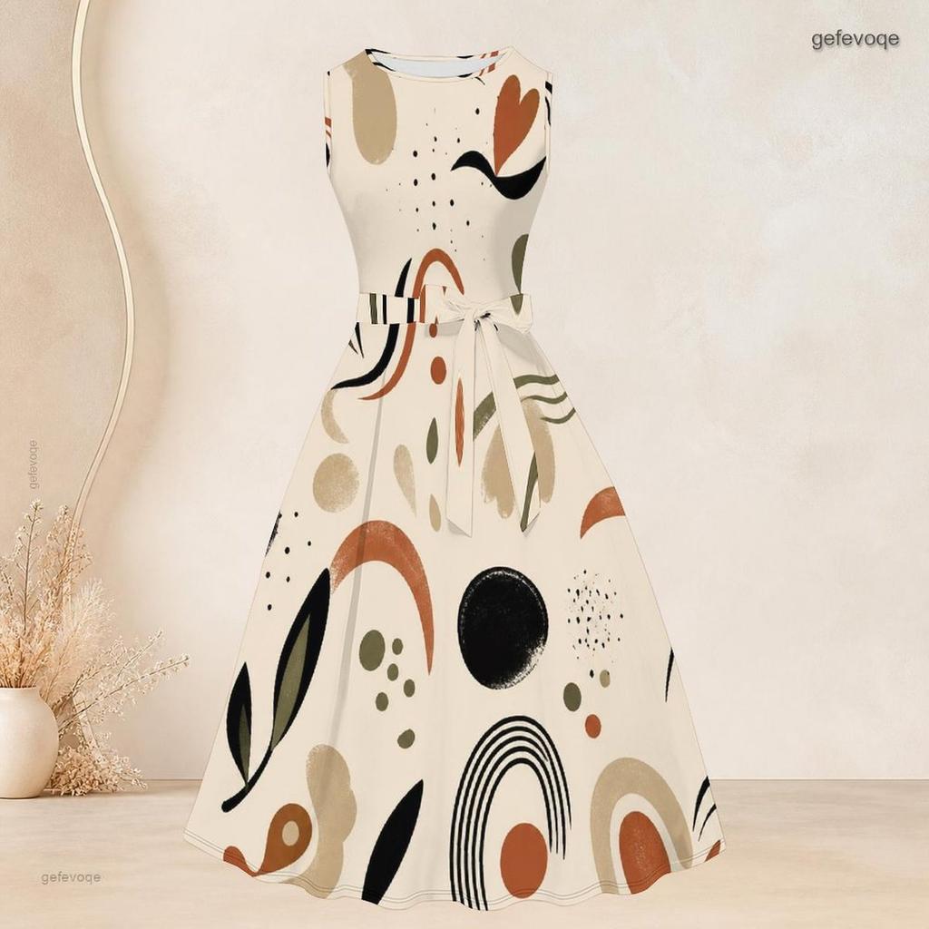 Women Plus Size Off White Printed Two Piece Set Sleeveless Round Neck Tie Waist Flare Dress And Long Sleeve Open Cardigan