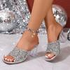 Fashion Gold Glitter Crystal Heel Sandals Women Thick High Heels Square Toe Slides Woman Slip On Transparent Pvc Gladiator Shoes Mules
