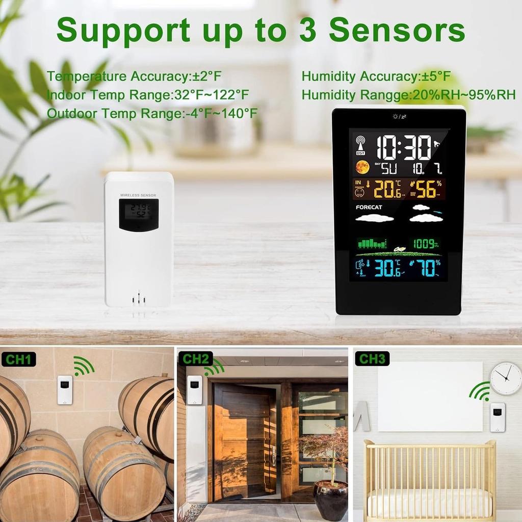 Wireless Weather Station with Indoor Outdoor Temperature Humidity Monitor Digital Thermometer Color LCD Screen
