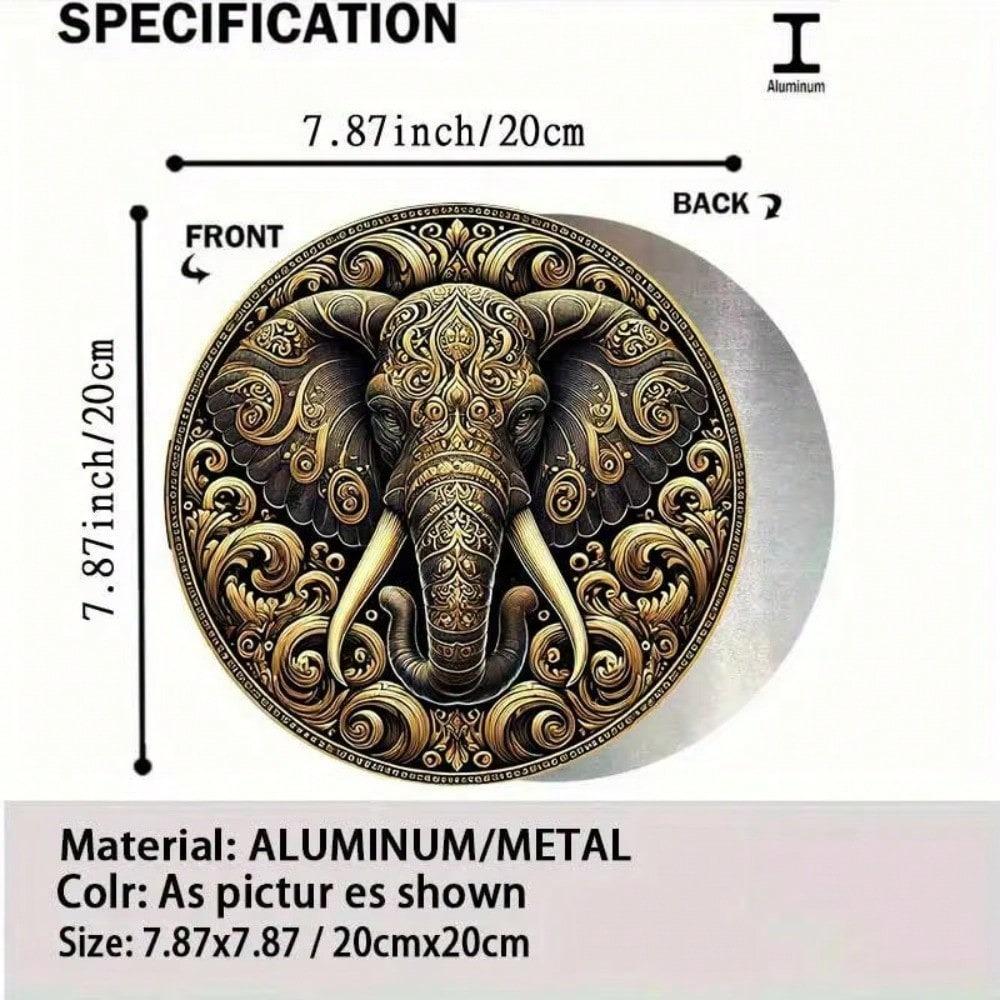 Vintage Golden Elephant Round Aluminum Wall Art Floral Geometric Decor