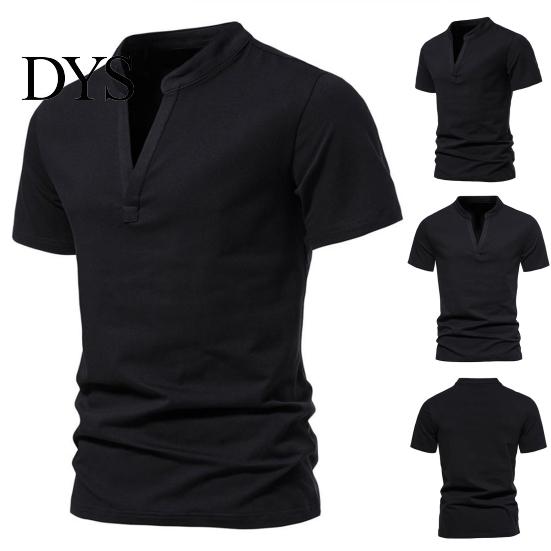 Summer T-shirt Stand Collar Deep V-Neck Short Sleeve Men Solid Color Slim Fit Tee Top Streetwear