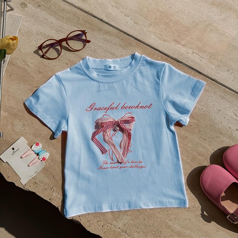 Girls Casual Short-sleeved T-shirt - Summer Children s Princess Bow Tie T-shirt 100cm