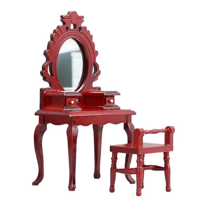 1/12 Scale Traditional Wooden Mini Furniture Set Dresser Stool With Fine Workmanship For Small Room Display
