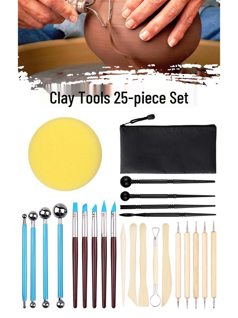 25-Piece Pottery Clay Tools Set with Waterproof Zipper Bag & Birch Wood Carving Knife