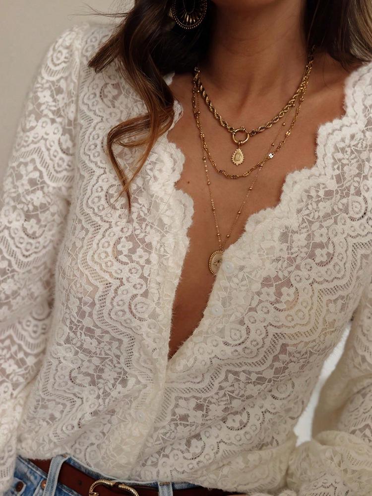 2025 Women's Casual Elegant V-Neck Lace Button Top with Sleeves