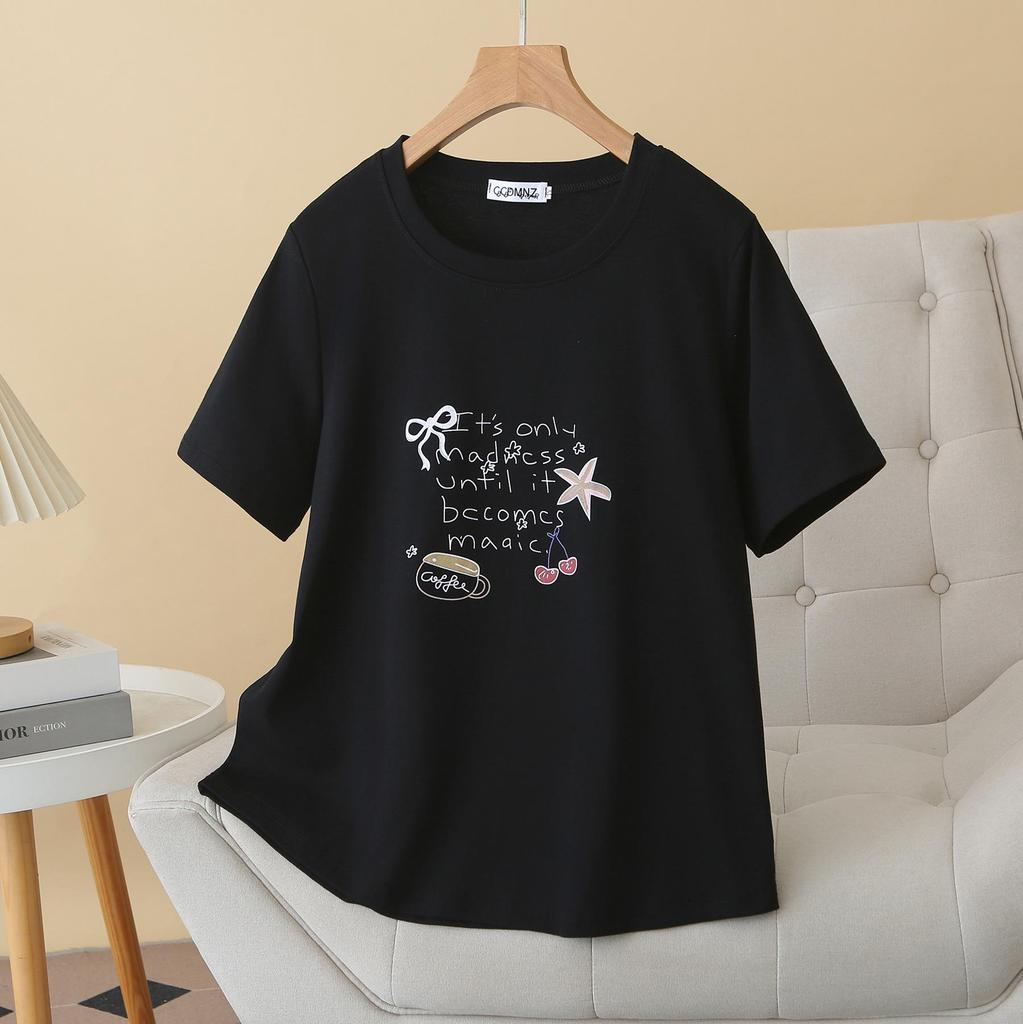 2026 Summer Plus Size Slimming Cotton Printed T-Shirt - Short Sleeve Round Neck Casual Top for Women
