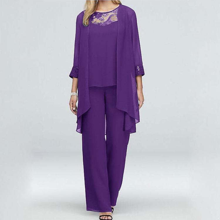 Elegant 3 Bucăți Set Rochie de Seară Șifon Mărimi Mari pentru Femei Nuntă Formal Costum cu Pantaloni Mama Miresei