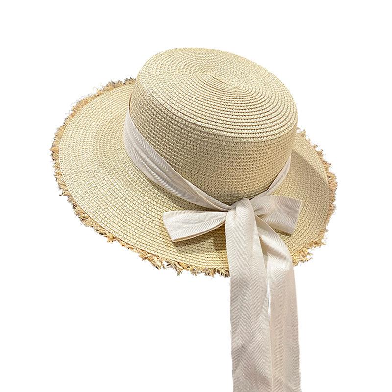Summer Straw Hat, Lafite Grass Edge, Patchwork Hat, Women's Sun Hat, Artistic Bow, Flat Top Hat