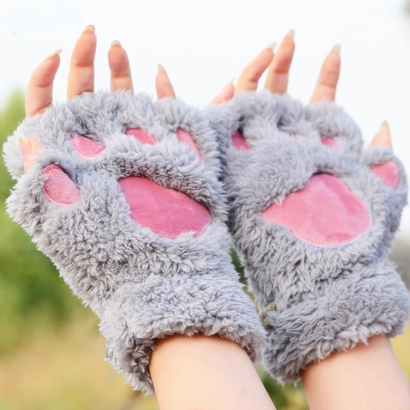 Cute Cat Claw Gloves Women's Autumn and Winter Warm and Cold-proof Plush Half-finger Gloves Thickened and Velvet Student Writing Leaking Fingers